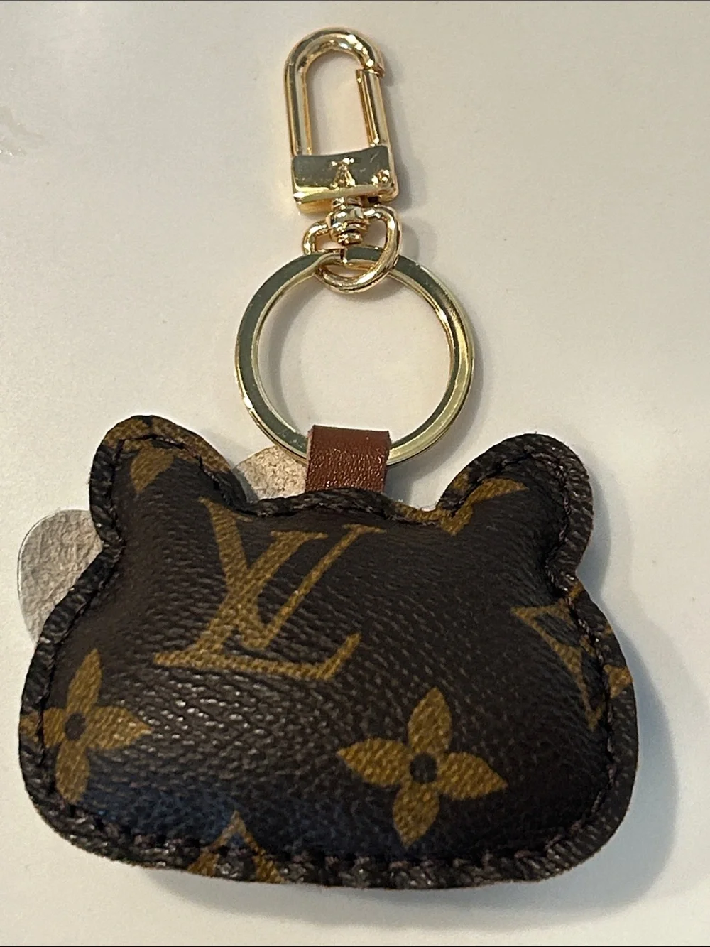 Upcycled LV Gold-Tone Brown Monogram HK Keychain Bag Charm with Leopard Bow